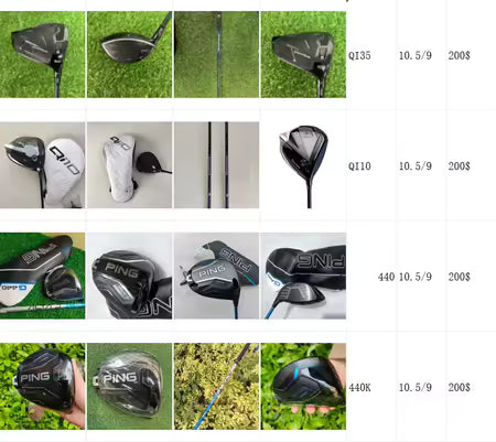 A collage of multiple golf club heads and clubheads shown in small product photos, likely representing different Ping models and clubface styles. The image includes close-up views of clubfaces, backs, and shafts, some photographed on grass and others on neutral surfaces.