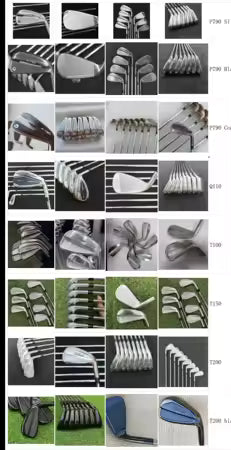 A grid collage of many golf clubs and heads, showing different models and finishes arranged in rows on black and grass backgrounds. No person or real environment is the main subject, and this functions as a product overview rather than a single clean product shot, so Product/Packaging is the best fit.