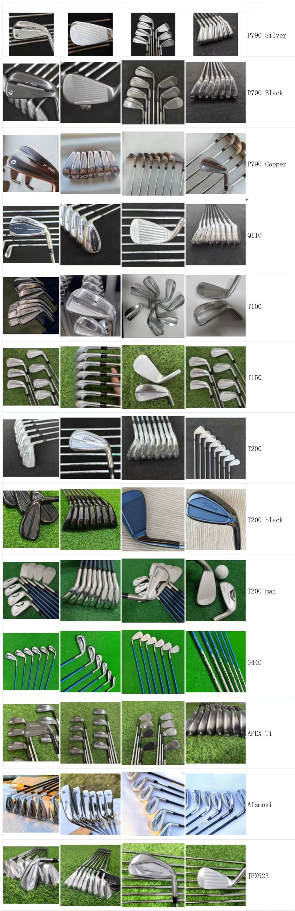 A collage of many golf clubs arranged in rows, each labeled with a model name such as P790 Driver, P790 Fairway Wood, SM7 Block, SM6 Block, SM5 Block, SM4 Block, SM3 Block, SM2 Block, SM1 Block, SM1 Block, SM1 Block, and SM1 Block. The clubs are shown in multiple colors and materials against various backgrounds, including grass and neutral surfaces.