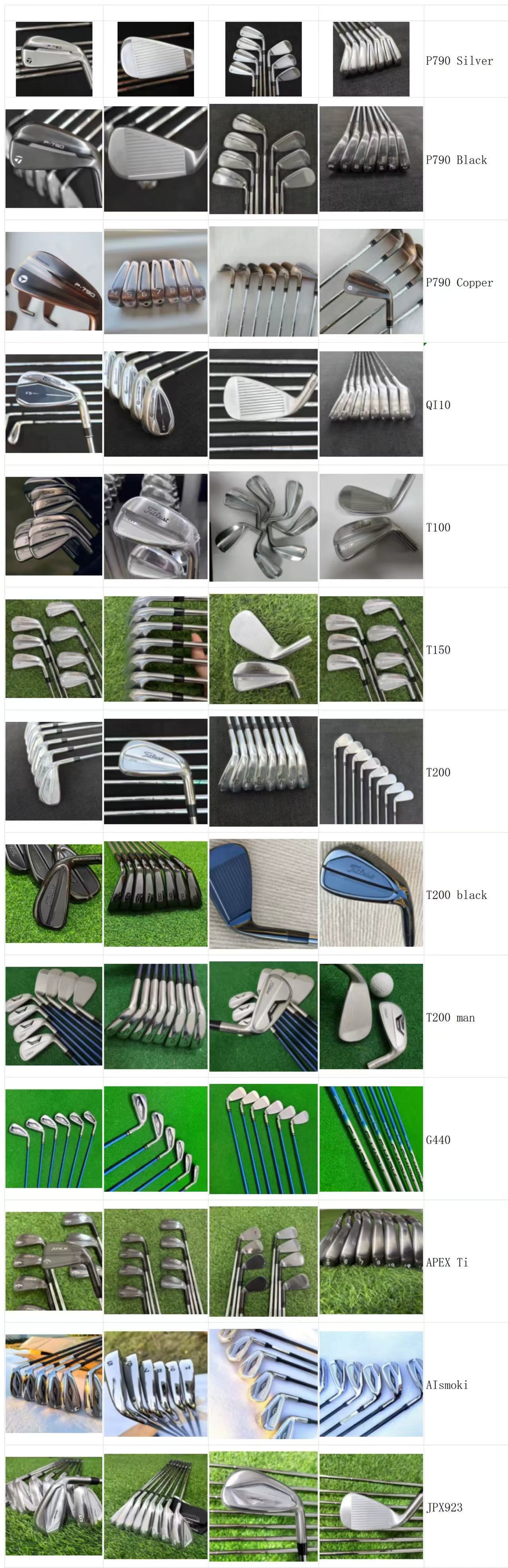 A collage of many golf clubs arranged in rows, each labeled with a model name such as P790 Driver, P790 Fairway Wood, SM7 Block, SM6 Block, SM5 Block, SM4 Block, SM3 Block, SM2 Block, SM1 Block, SM1 Block, SM1 Block, and SM1 Block. The clubs are shown in multiple colors and materials against various backgrounds, including grass and neutral surfaces.